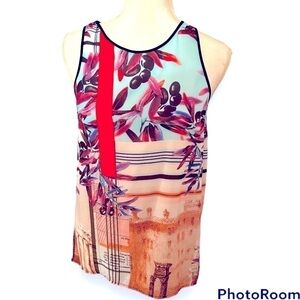 Clover Canyon print sleeveless blouse, handkerchief back, S